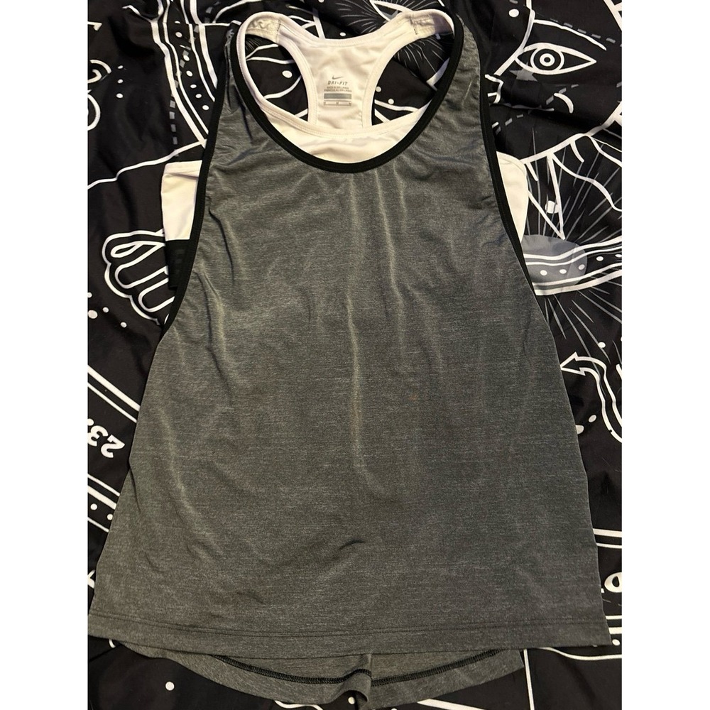 Nike Dri-FIT Grey/White/Black Loose‎ Active Tank Over Sports Bra, Medium